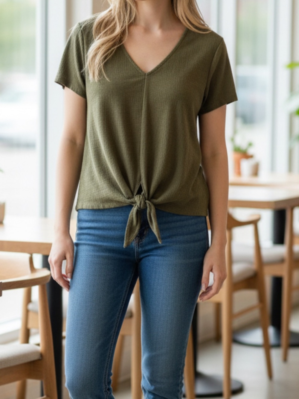 J. Crew Olive Front-Tie V-Neck Short Sleeve Top